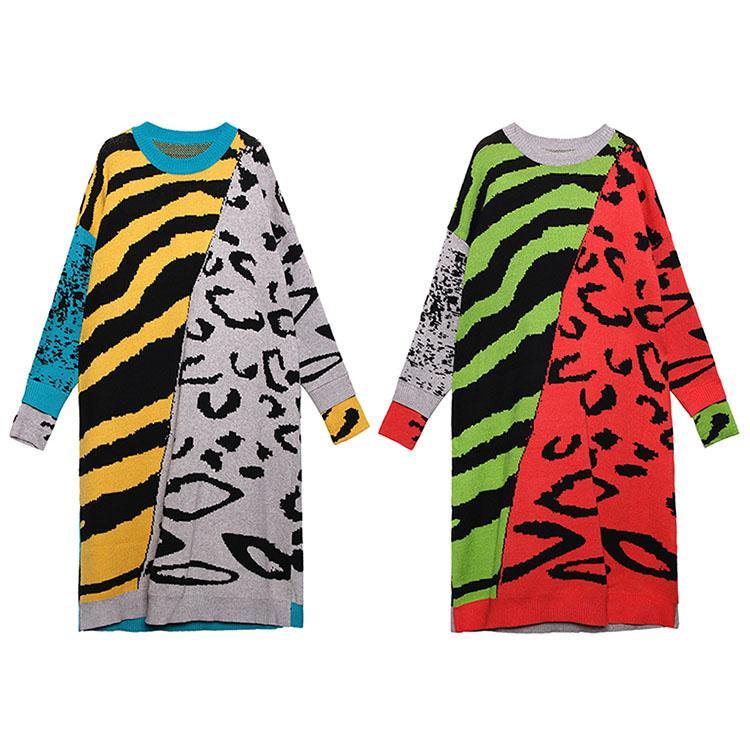 冬用 Oネック ルーズ(バギー) セーターワンピース アップサイクル風 イエロー プリント チュニック ニットワンピース