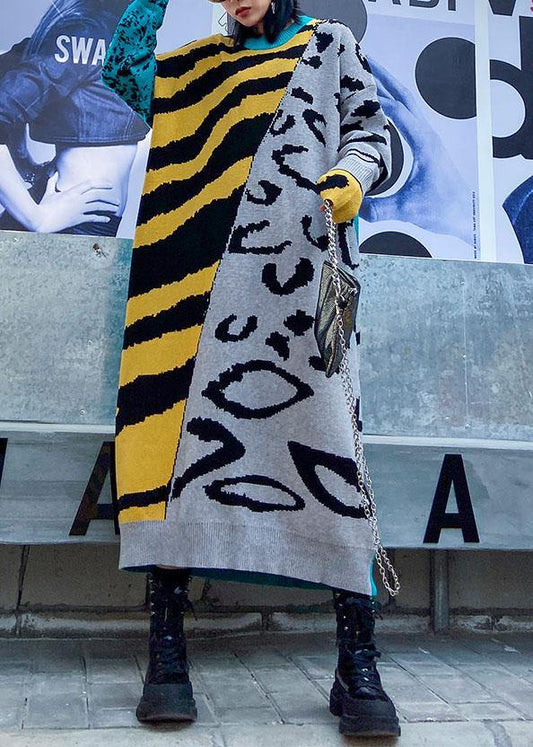 冬用 Oネック ルーズ（バギー） セーターワンピース アップサイクル風 イエロー プリント チュニック ニットワンピース