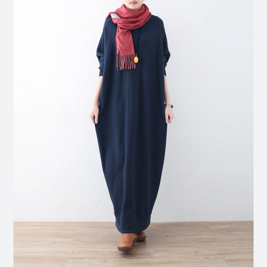 ヴィンテージ ブルー ニットワンピース 大きいサイズ 冬 ファイン バットウィングスリーブ ワンピース